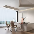 Modern Office Interior With Desk Chairs Computer And Potted Plant On Wooden Floor