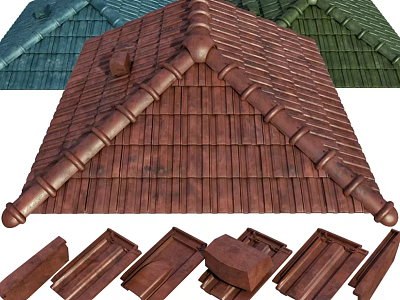 Traditional Thatched House Roof Design With Brown Blue Green Tiles And Intricate Structure Details 3d model