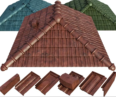 Traditional Thatched House Roof Design With Brown Blue Green Tiles And Intricate Structure Details 3d model