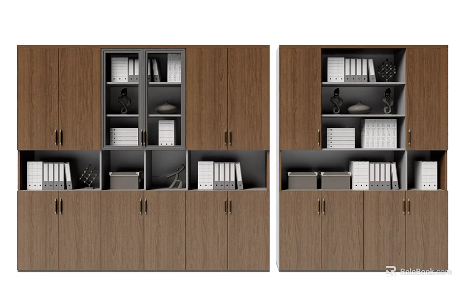 Wooden Office File Cabinet With Closed Doors Open Shelves Folders Books And Decorative Items 3d model 