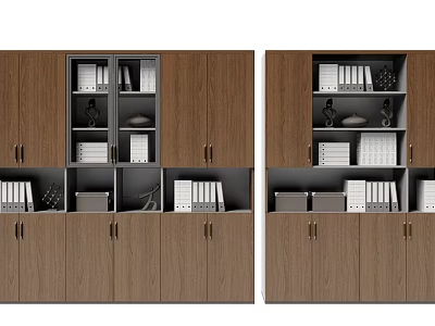 Wooden Office File Cabinet With Closed Doors Open Shelves Folders Books And Decorative Items 3d model