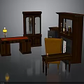 Dark Wooden Desk With Red Countertop Glass Door Cabinet Bookshelf Orange Chair And Table Lamp