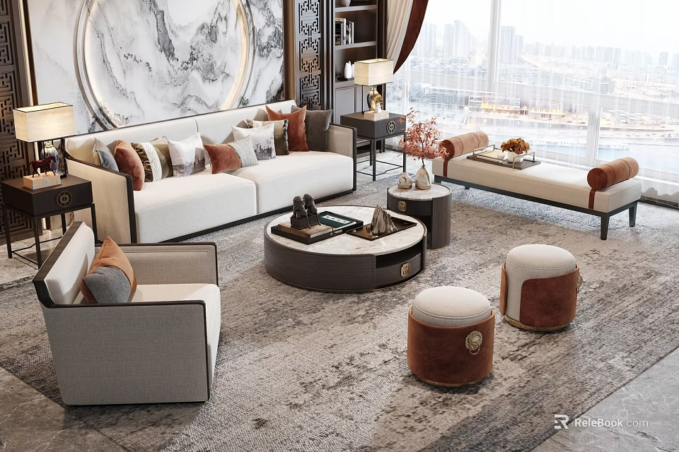 Modern Sofa Coffee Table Set With Pillows Stools Rug And Window View 3d model