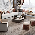 Modern Sofa Coffee Table Set With Pillows Stools Rug And Window View 3d model
