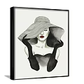 Black and White Women Portrait Paintings With Wide Hats Long Gloves and Red Lips