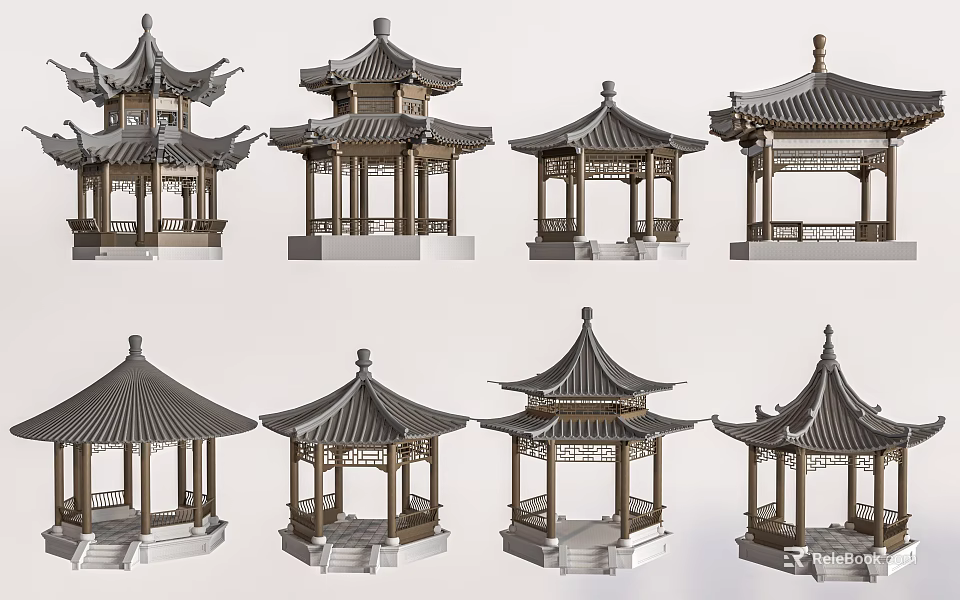 Different Traditional Chinese Pavilions Models Featuring Classic Roof And Structure Designs 3d model 