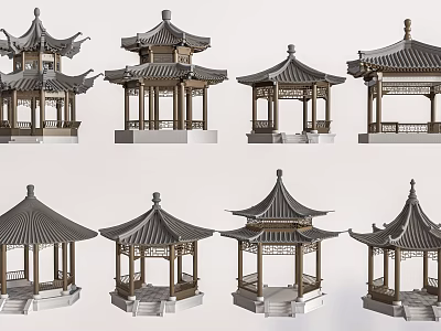 Different Traditional Chinese Pavilions Models Featuring Classic Roof And Structure Designs 3d model