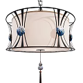 Elegant Chandelier Design With Black Metal Frame Beige Fabric Shade Blue Accent Balls Tassel Pendant