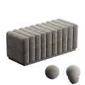 Gray Textured Fabric Ottoman Stool With Vertical Stripes And Matching Decorative Balls For Living Room