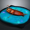 Wooden Boat Floating On Turquoise Water With Purple Glowing Spots And Oar