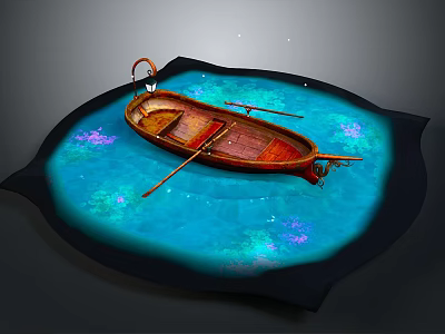 Wooden Boat Floating On Turquoise Water With Purple Glowing Spots And Oar 3d model