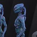 Blue Alien Fantasy Creature Character With Bioluminescent Glowing Head And Smooth Organic Skin