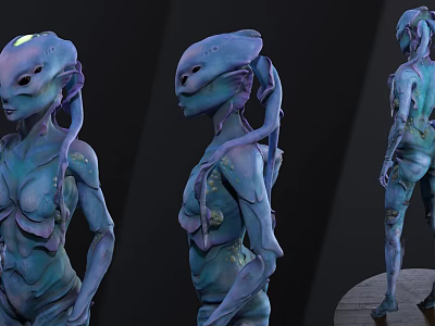 Blue Alien Fantasy Creature Character With Bioluminescent Glowing Head And Smooth Organic Skin 3d model