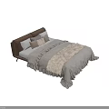 Modern Double Bed With Light Gray Ruffled Bedspread And Decorative Pillows And Brown Upholstered Headboard