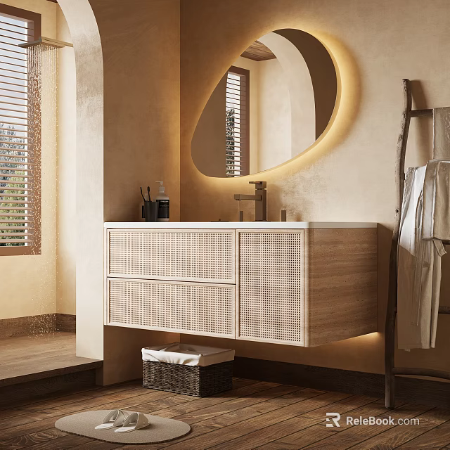 Modern Bathroom Interior With Woven Vanity Round Mirror Backlight And Natural Light 3d model 
