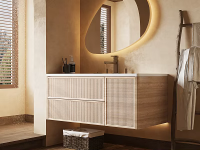 Modern Bathroom Interior With Woven Vanity Round Mirror Backlight And Natural Light 3d model