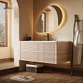 Modern Bathroom Interior With Woven Vanity Round Mirror Backlight And Natural Light