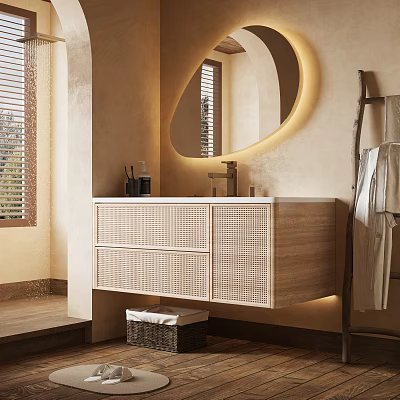 Modern Bathroom Interior With Woven Vanity Round Mirror Backlight And Natural Light 3d model