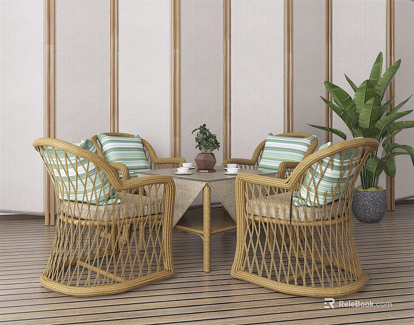 Rattan Chairs With Striped Cushions Around Outdoor Table On Wooden Floor And Wall Panels 3d model 