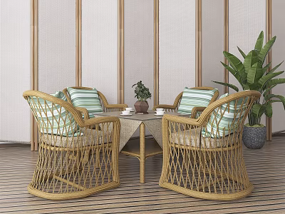 Rattan Chairs With Striped Cushions Around Outdoor Table On Wooden Floor And Wall Panels 3d model