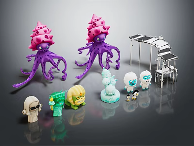 Colorful Small Figures And Purple Octopus Like Creatures With Pink Tops And Metal Structures 3d model