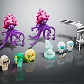 Colorful Small Figures And Purple Octopus Like Creatures With Pink Tops And Metal Structures