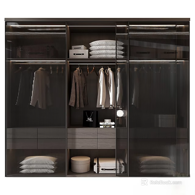 Modern Sleek Wardrobe Interior With Glass Doors Hanging Clothes Folded Items And Storage Boxes 3d model 