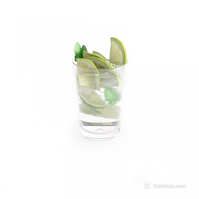 Refreshing Drink In Transparent Glass With Lime Slices Mint Leaves And Ice Cubes 3d model 