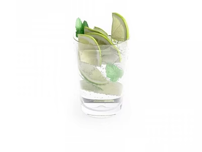 Refreshing Drink In Transparent Glass With Lime Slices Mint Leaves And Ice Cubes 3d model