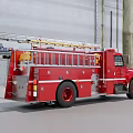 Red Fire Truck Parked In Large Industrial Warehouse With Metal Structure Roof And Ceiling Lights