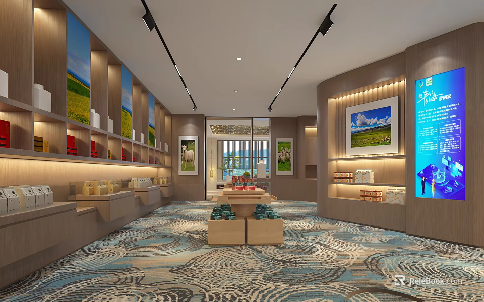 Modern Retail Showroom Interior With Shelves Decorative Paintings And Patterned Carpet 3d model