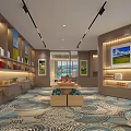 Modern Retail Showroom Interior With Shelves Decorative Paintings And Patterned Carpet 3d model
