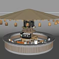 Modern Round Bar Counter With Wooden Panels Hanging Pendant Lights And Beverage Displays