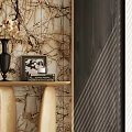 Luxurious Entryway Hallway Featuring Marble Textured Wall Wooden Cabinet Golden Stools And Black Vase