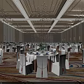 Luxurious Spacious Banquet Hall Interior With Elegant Chandeliers Round Tables And Patterned Carpet
