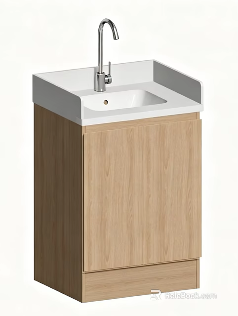 Light Wood Cabinet Washbasin Design With White Countertop And Silver Faucet 3d model 