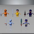 Colorful Cartoon Characters Holding Various Weapons in Different Colored Outfits on Dark Reflective Background