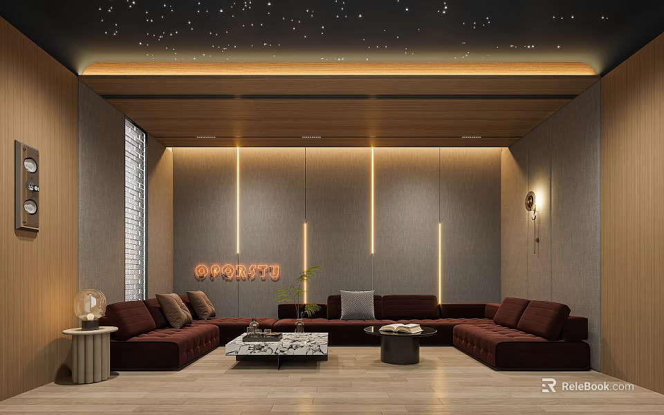 Modern Home Theater Room With Cozy Sofas And Stylish Lighting 3d model