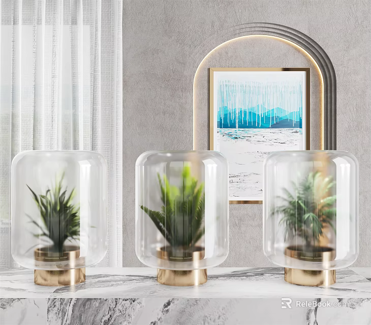 Transparent Glass Vases With Gold Bases Holding Green Plants In Modern Interior Decor 3d model 