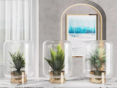 Transparent Glass Vases With Gold Bases Holding Green Plants In Modern Interior Decor 3d model