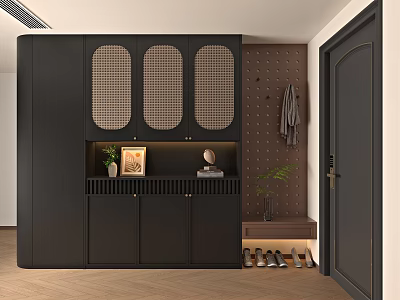 Modern Black Shoe Cabinet With Grid Doors In Entryway With Coat Hooks Stool And Plant 3d model