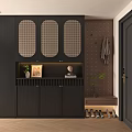 Modern Black Shoe Cabinet With Grid Doors In Entryway With Coat Hooks Stool And Plant