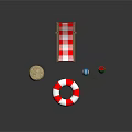 Red and White Checkered Wooden Lounge Chair Summer Beach With Sandcastle Life Ring And Ball