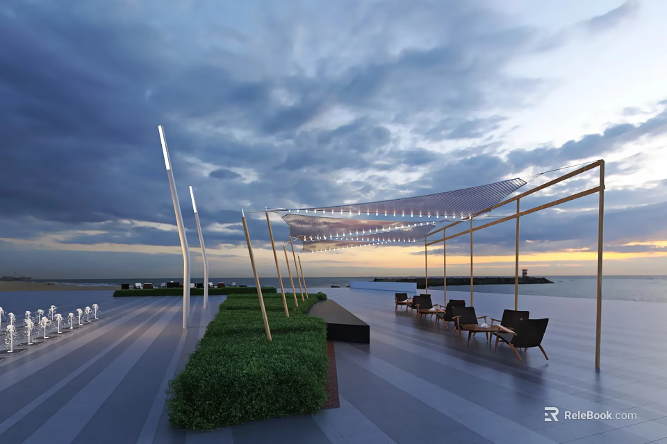 Outdoor Garden Ornaments on Terrace with Lush Grass Seating Shade Structure and Sea View Sky 3d model 