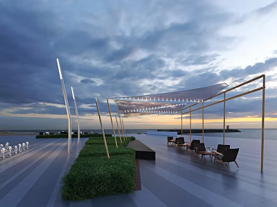 Outdoor Garden Ornaments on Terrace with Lush Grass Seating Shade Structure and Sea View Sky 3d model