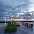 Outdoor Garden Ornaments on Terrace with Lush Grass Seating Shade Structure and Sea View Sky