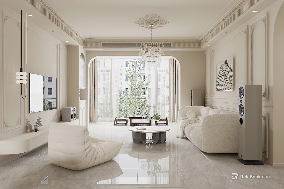 Modern Living Dining Room Interior With Comfortable Sofa Dining Table And Stylish Pendant Light 3d model 