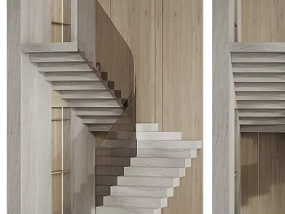 Contemporary Staircase Interior Design With Concrete Steps And Wooden Wall Panels 3d model