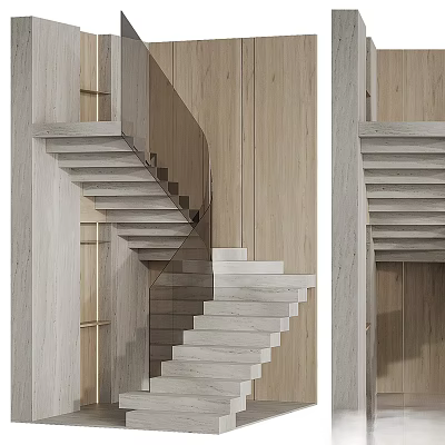 Contemporary Staircase Interior Design With Concrete Steps And Wooden Wall Panels 3d model