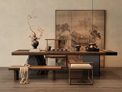 Elegant Chinese Tea Table and Chairs with Wooden Bench Tea Sets Vase and Landscape Screen 3d model